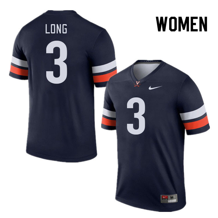 Women #3 Langston Long Virginia Cavaliers College Football Jerseys Stitched Sale-Navy